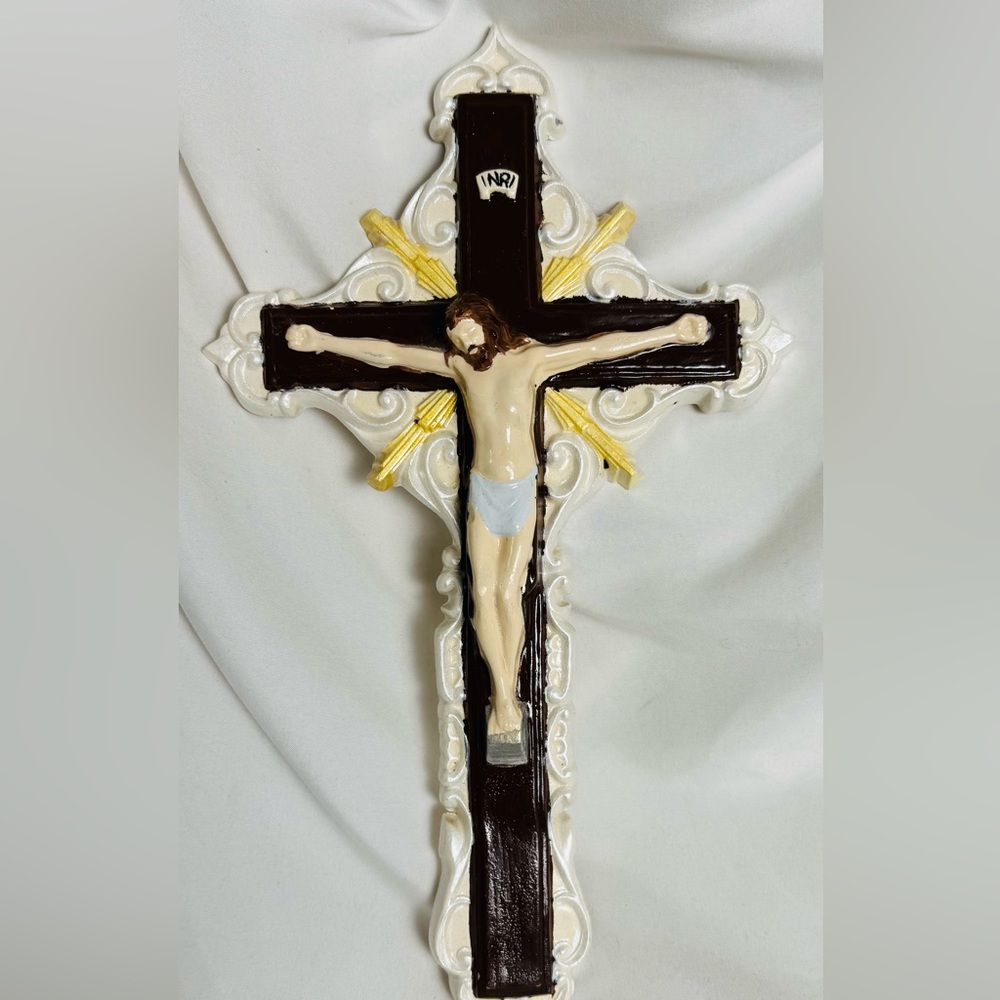 Vintage Hand Painted Ceramic Wall Crucifix INRI Jesus Cross 12” Vintage Decor